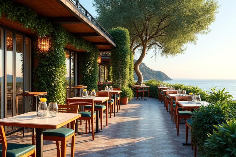 Restaurante con terraza y jardín vertical temático marino